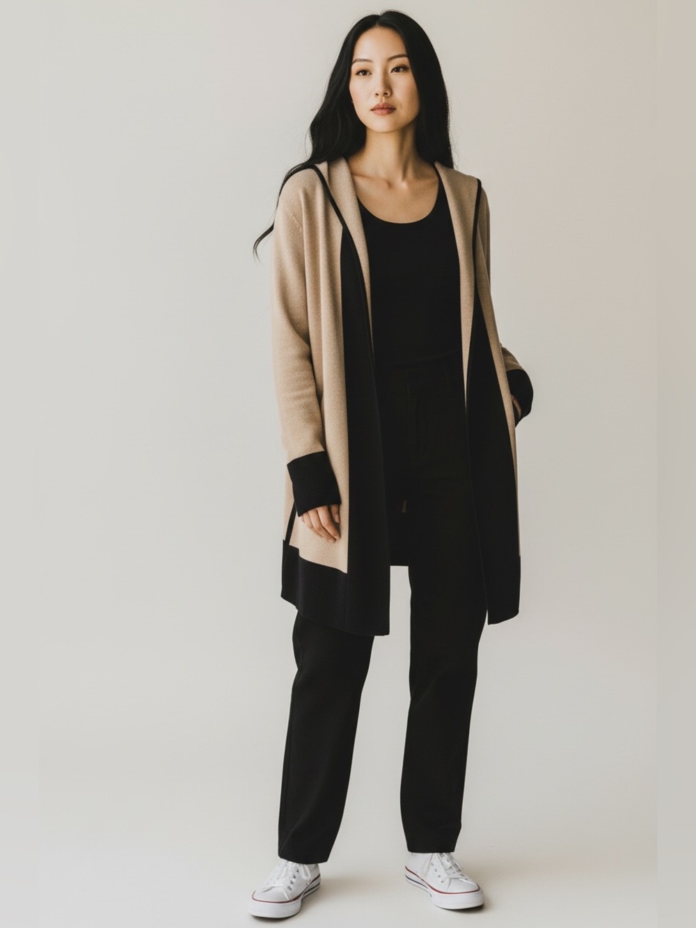 DANA BUCHMAN Color Block Open-Front Knit Cardigan Sweater MEDIUM Black/Beige VGC